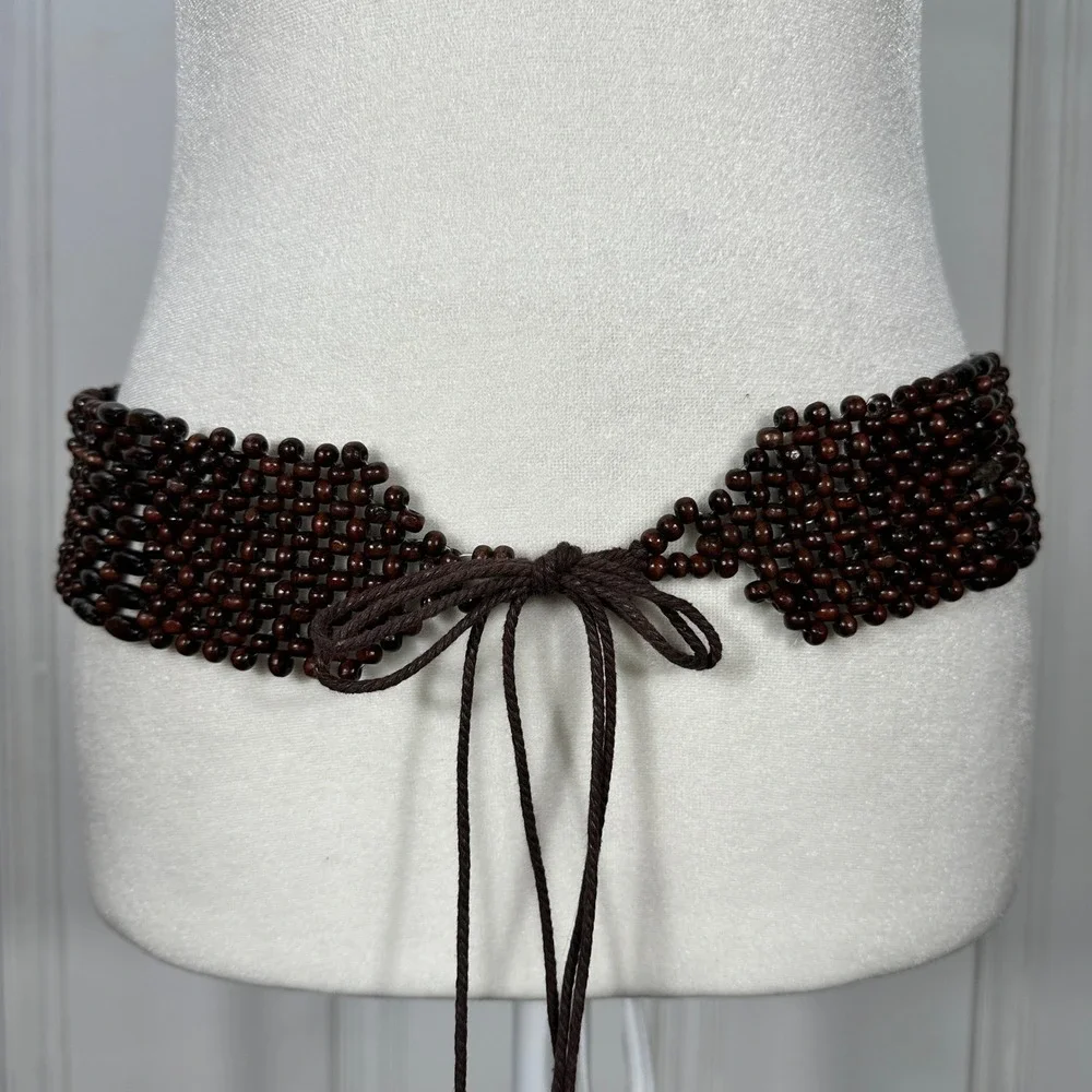 Vintage Brown Wooden Bead Wide Tie Belt Woven Boho Hippie Adjustable Waist